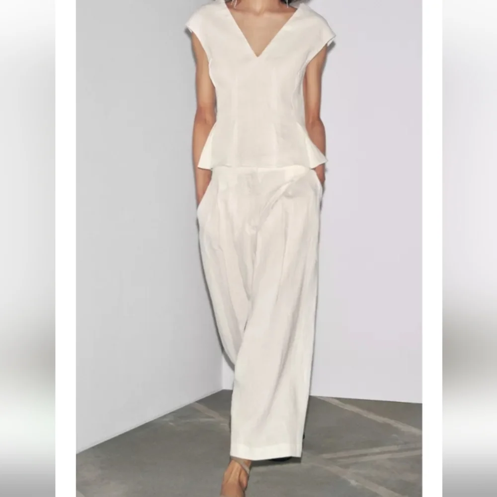 Zara Zw Collection 100% Linen Wide Leg Cream Cropped Pleated Pants Sz-L